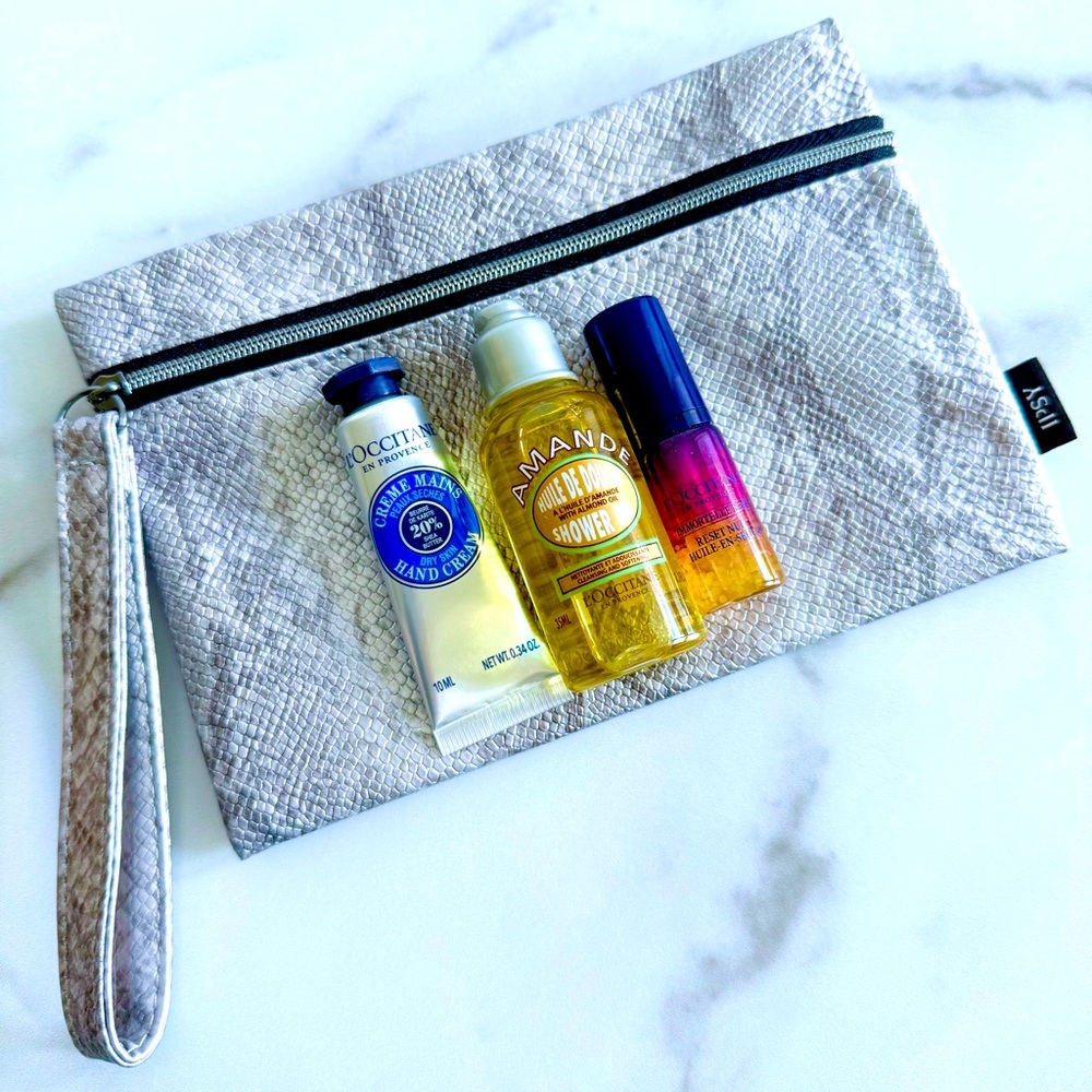 [Sold] L’Occitane Hand Cream, Shower Oil, Overnight Serum (travel sizes), pouch